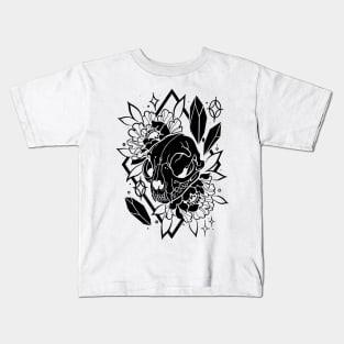 Cat skull, crystals, and peonies in black Kids T-Shirt